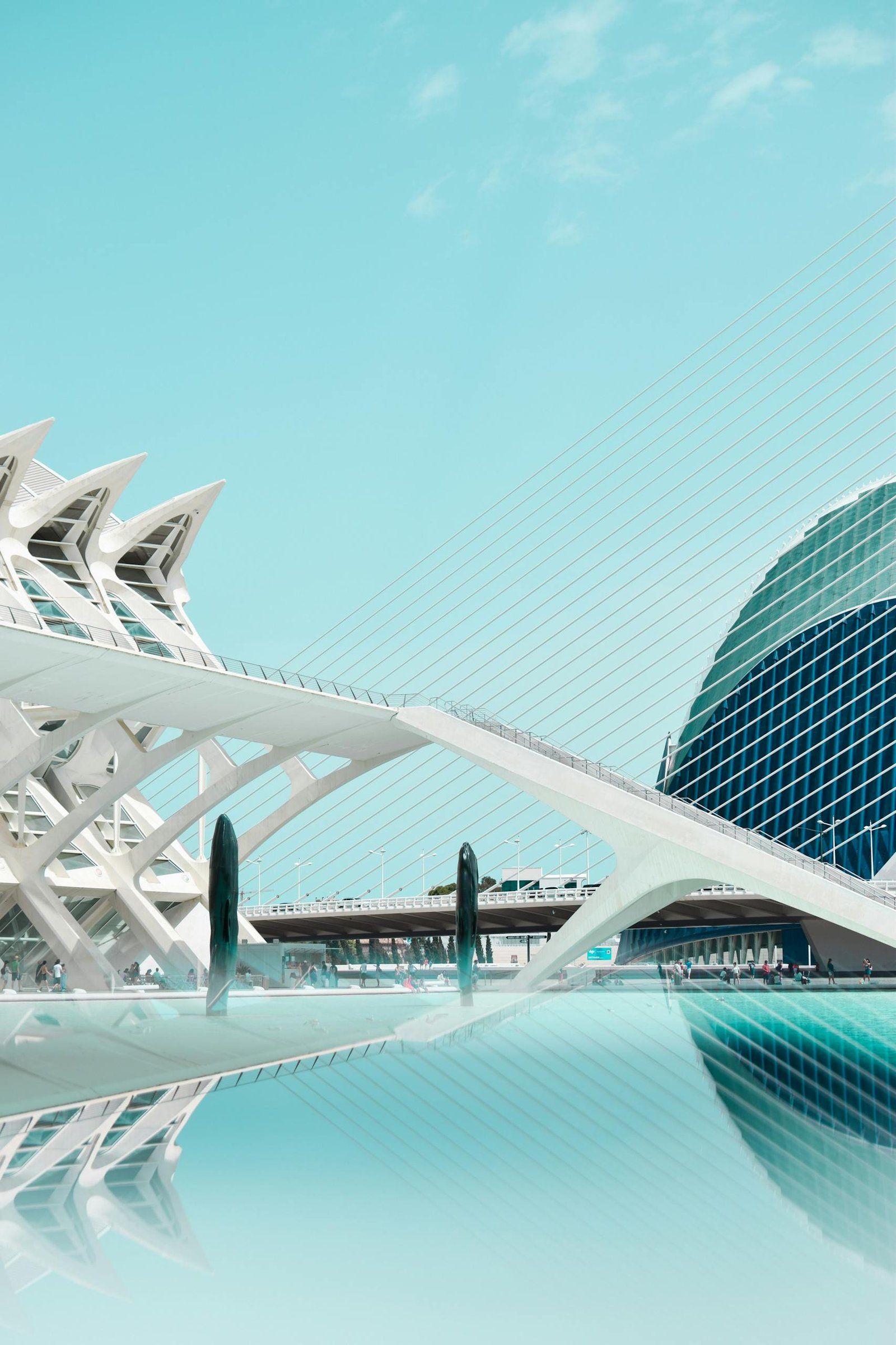 Futuristic architectural design in Valencia's City of Arts and Sciences reflected in water.